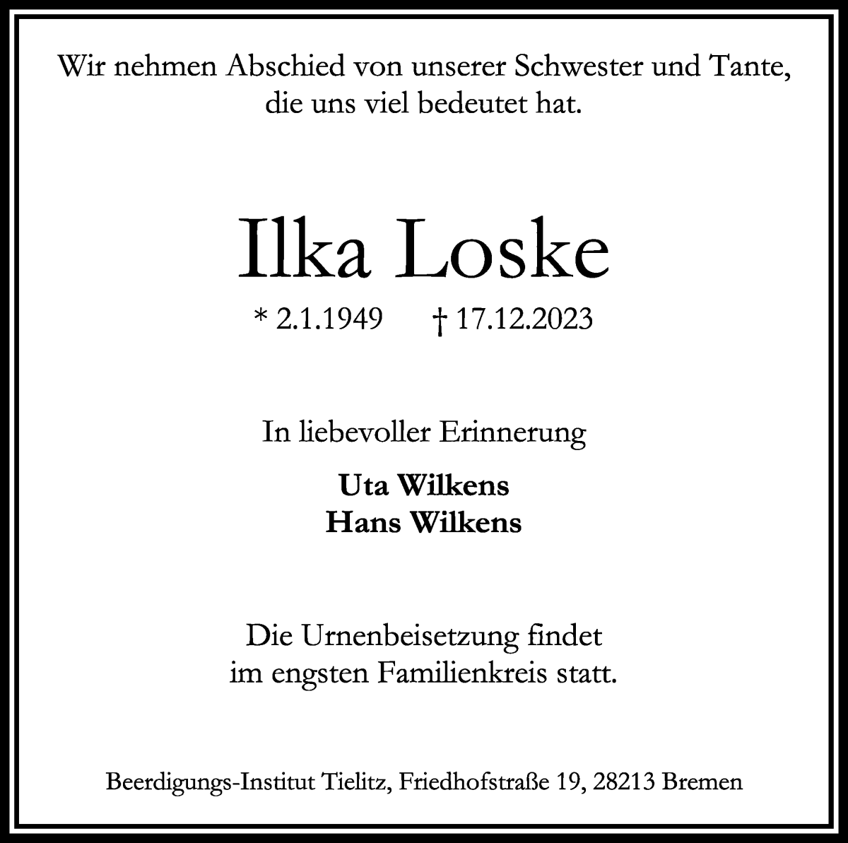 Traueranzeige von Ilka Loske von WESER-KURIER