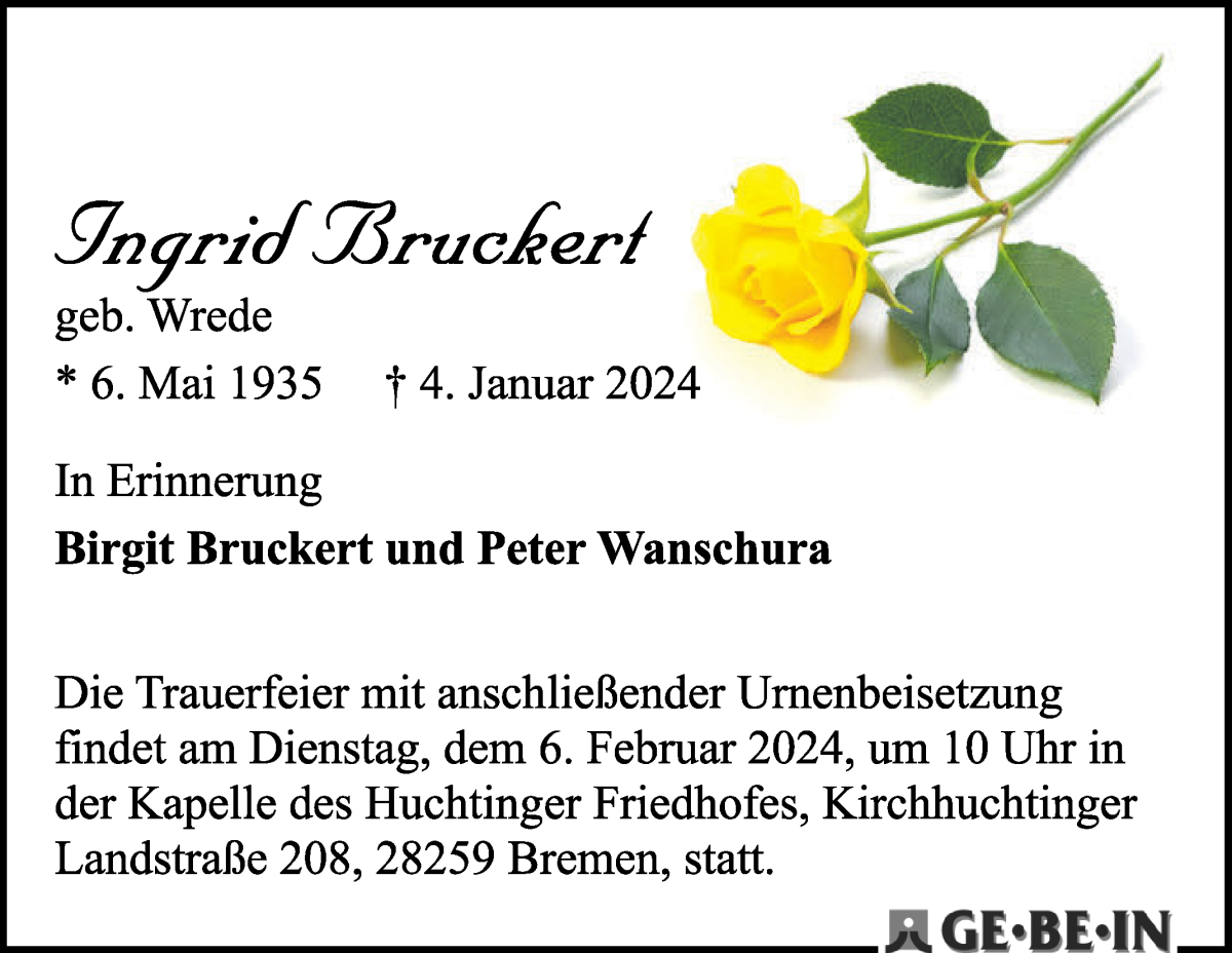 Traueranzeige von Ingrid Bruckert von WESER-KURIER