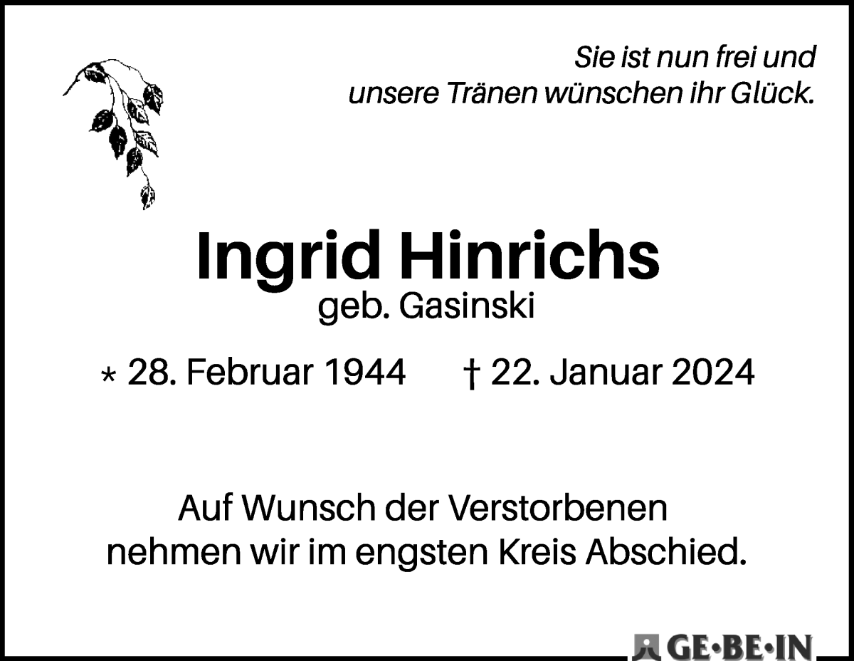 Traueranzeige von Ingrid Hinrichs von WESER-KURIER