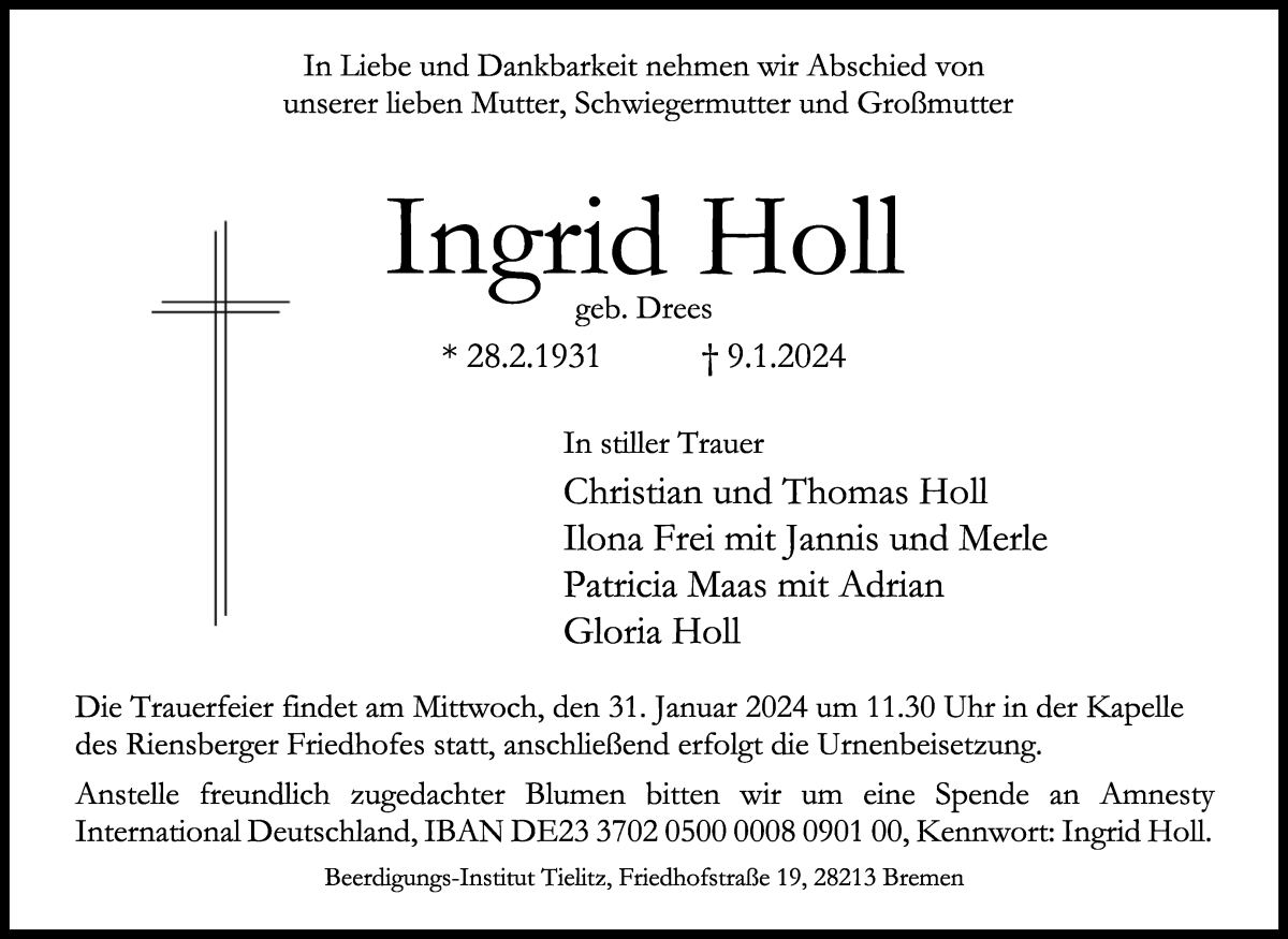 Traueranzeige von Ingrid Holl von WESER-KURIER