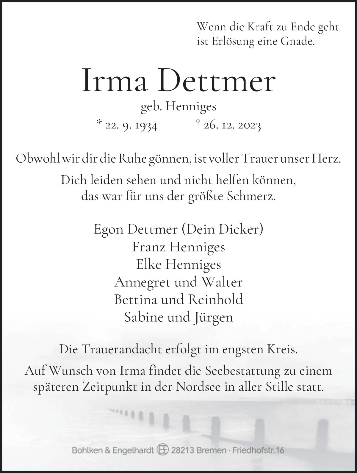 Traueranzeige von Irma Dettmer von Osterholzer Kreisblatt