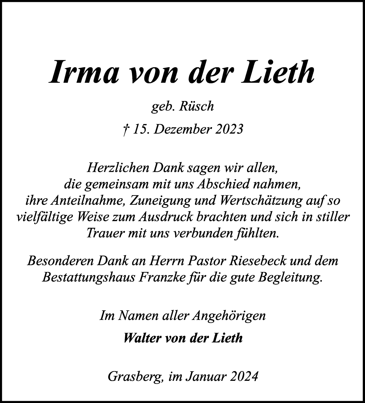 Traueranzeige von Irma von der Lieth von Wuemme Zeitung