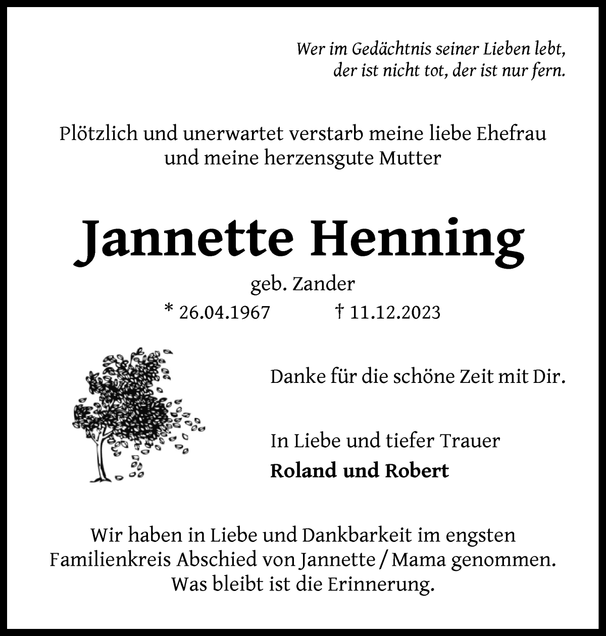 Traueranzeige von Jannette Henning von WESER-KURIER