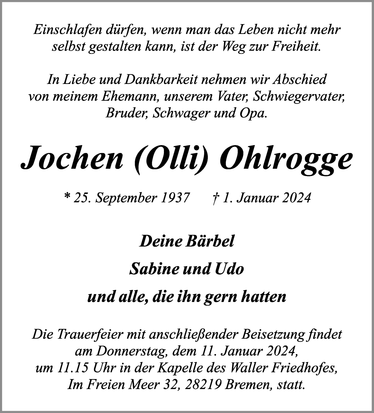 Traueranzeige von Jochen (Olli) Ohlrogge von WESER-KURIER