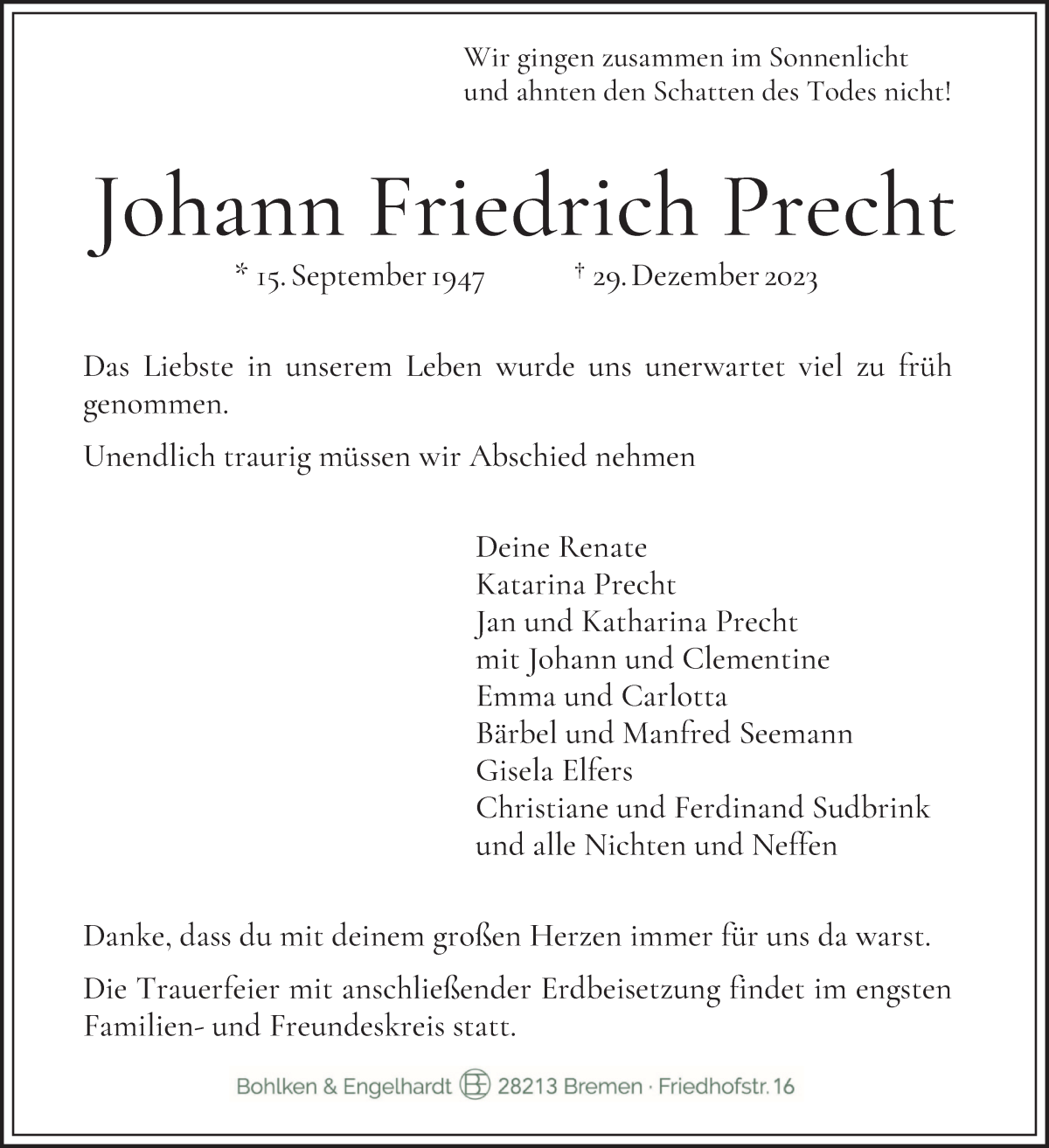 Traueranzeige von Johann Friedrich Precht von WESER-KURIER