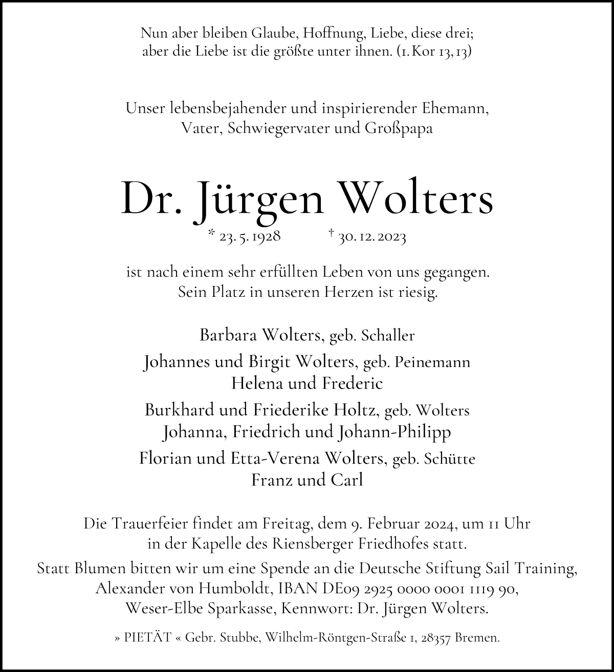 Traueranzeige von Jürgen Wolters von WESER-KURIER
