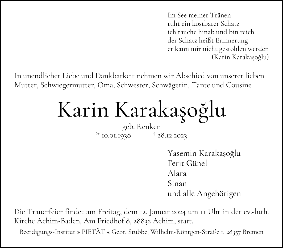 Traueranzeige von Karin Karakasoglu von WESER-KURIER