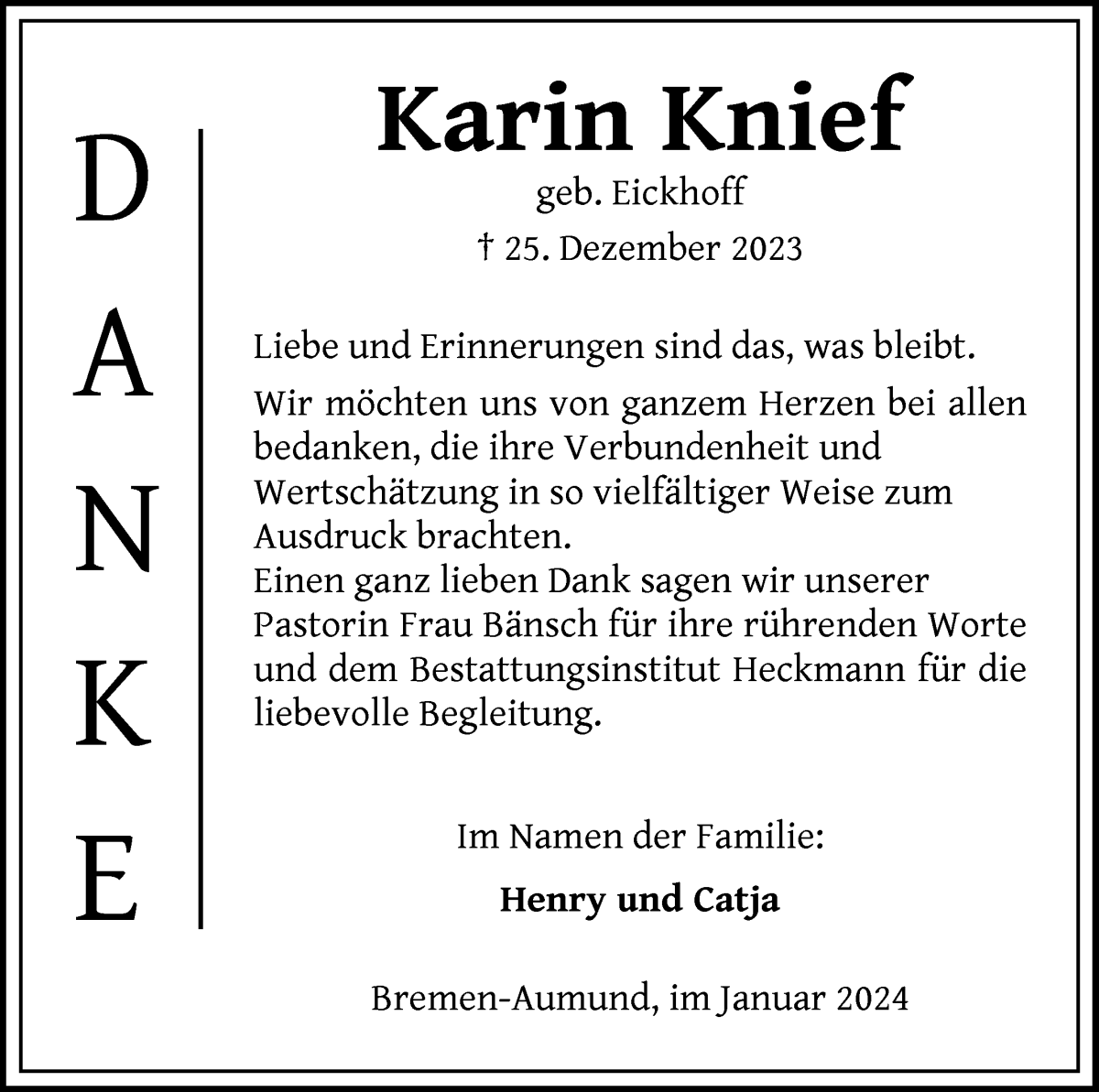 Traueranzeige von Karin Knief von Die Norddeutsche