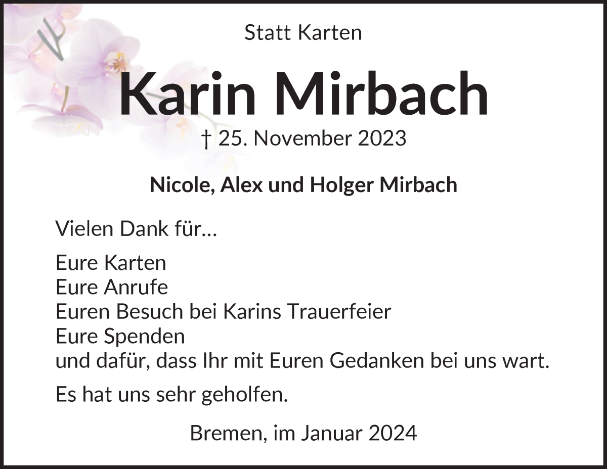 Traueranzeige von Karin Mirbach von WESER-KURIER