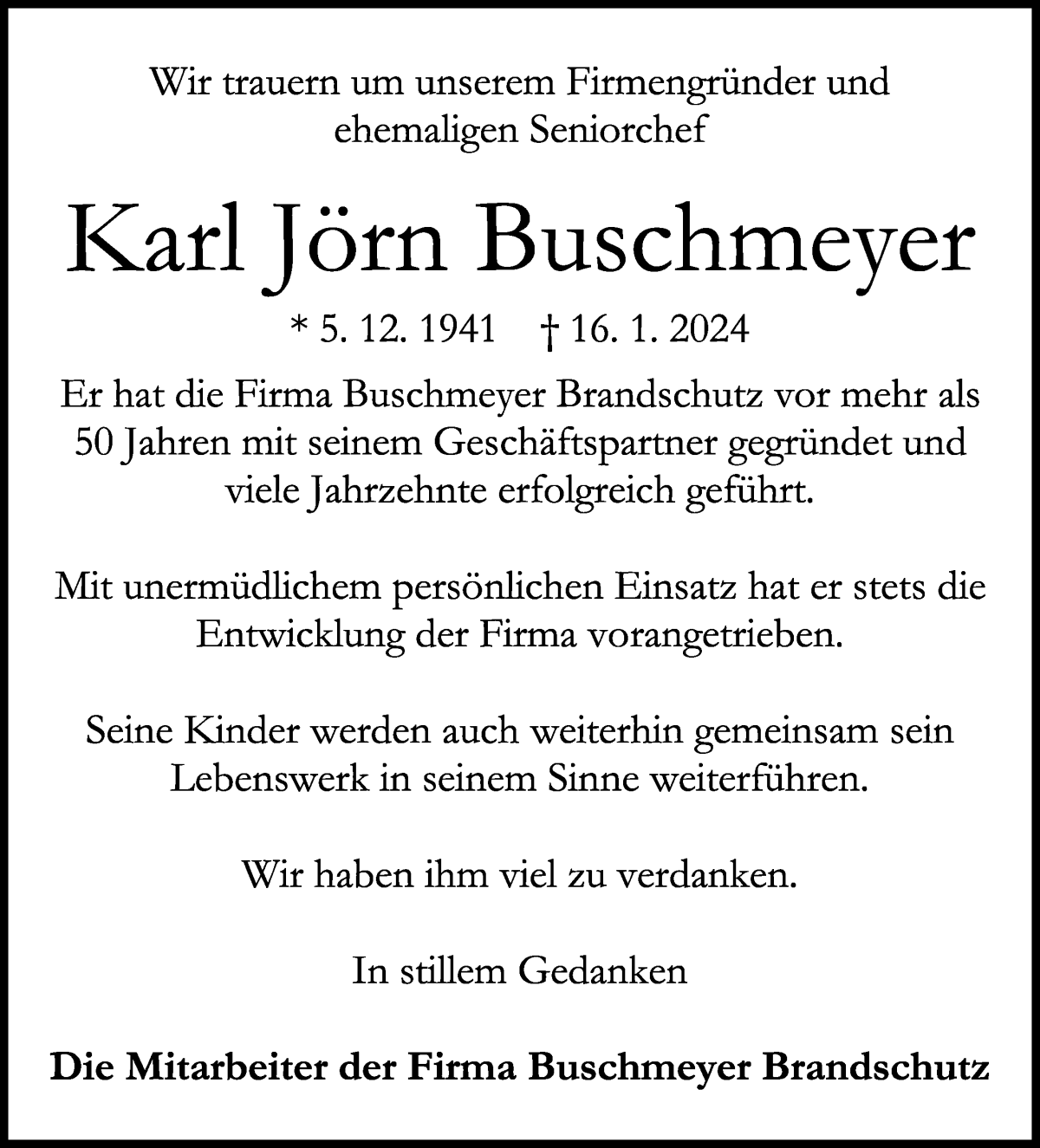 Traueranzeige von Karl Jörn Buschmeyer von WESER-KURIER