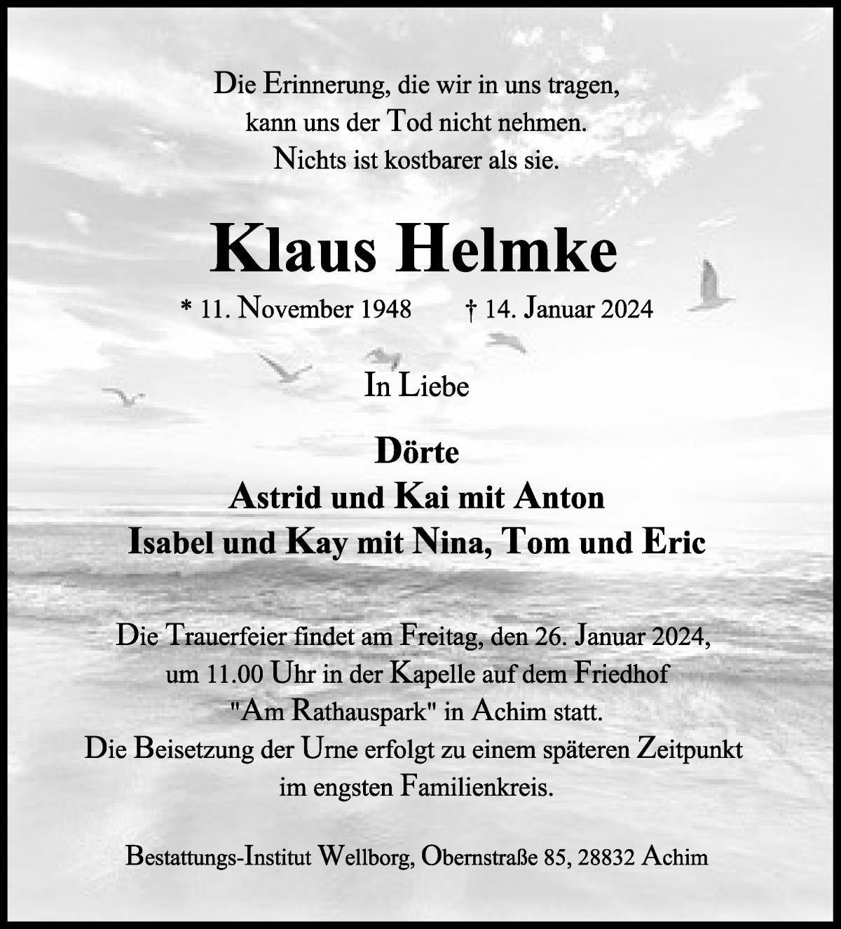 Traueranzeige von Klaus Helmke von Achimer Kurier/Verdener Nachrichten