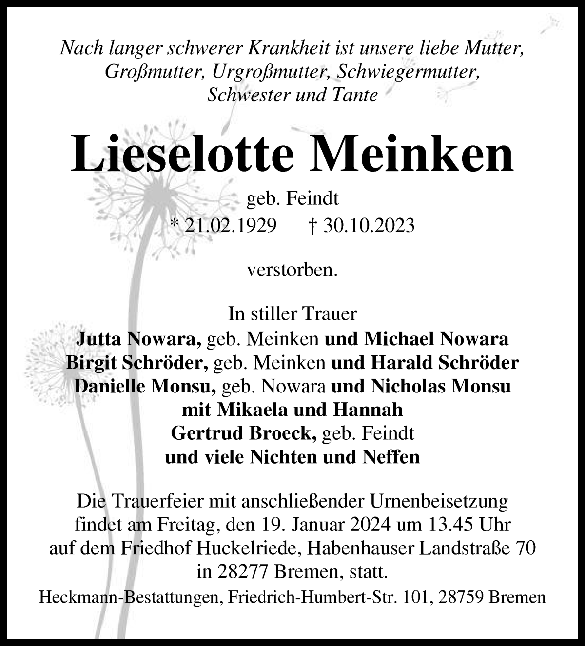 Traueranzeige von Lieselotte Meinken von WESER-KURIER