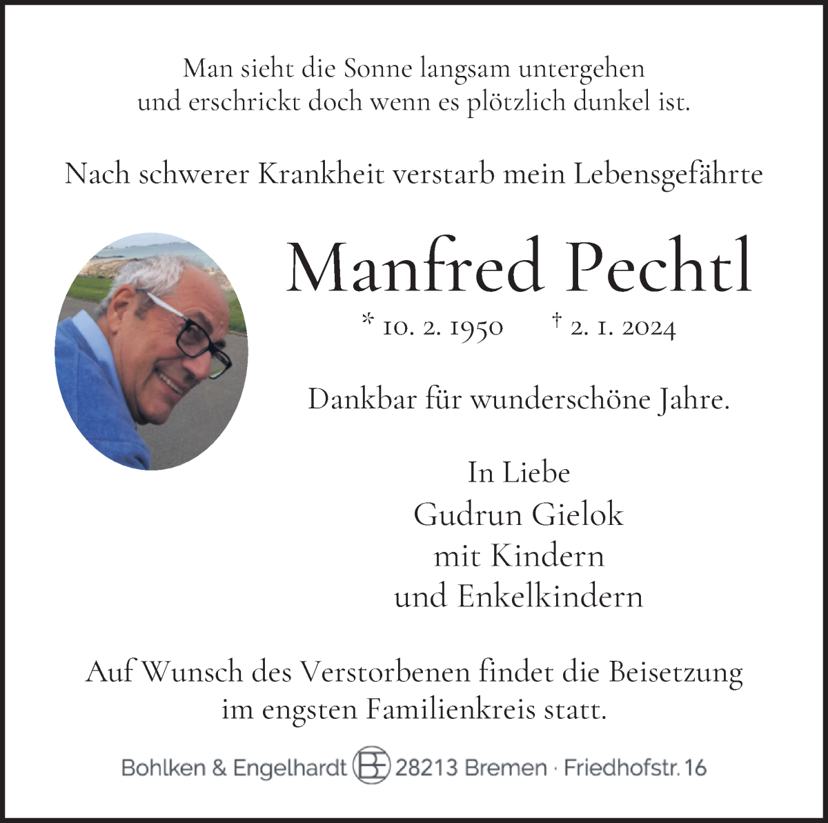 Traueranzeige von Manfred Pechtl von WESER-KURIER