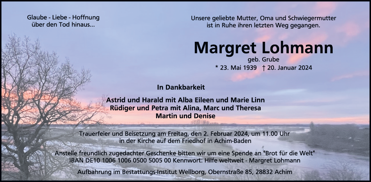Traueranzeige von Margret Lohmann von Achimer Kurier/Verdener Nachrichten