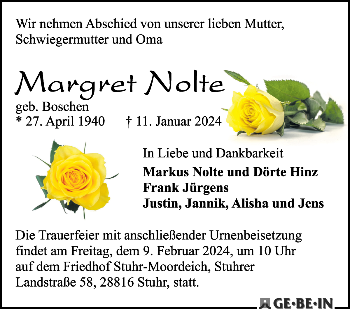 Traueranzeige von Margret Nolte von WESER-KURIER