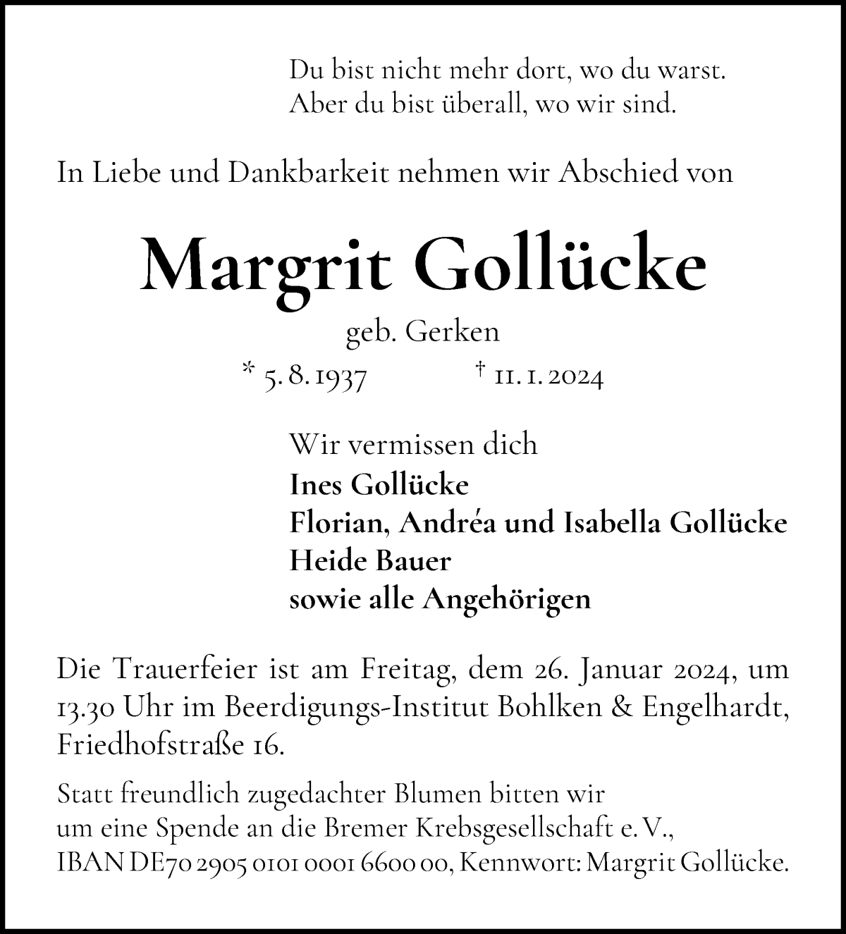 Traueranzeige von Margrit Gollücke von WESER-KURIER