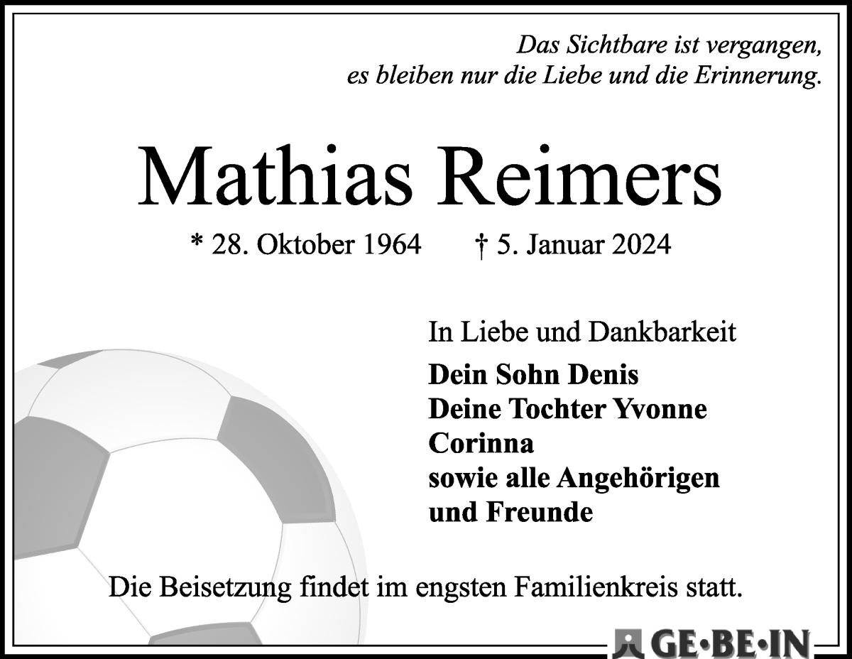 Traueranzeige von Mathias Reimers von WESER-KURIER