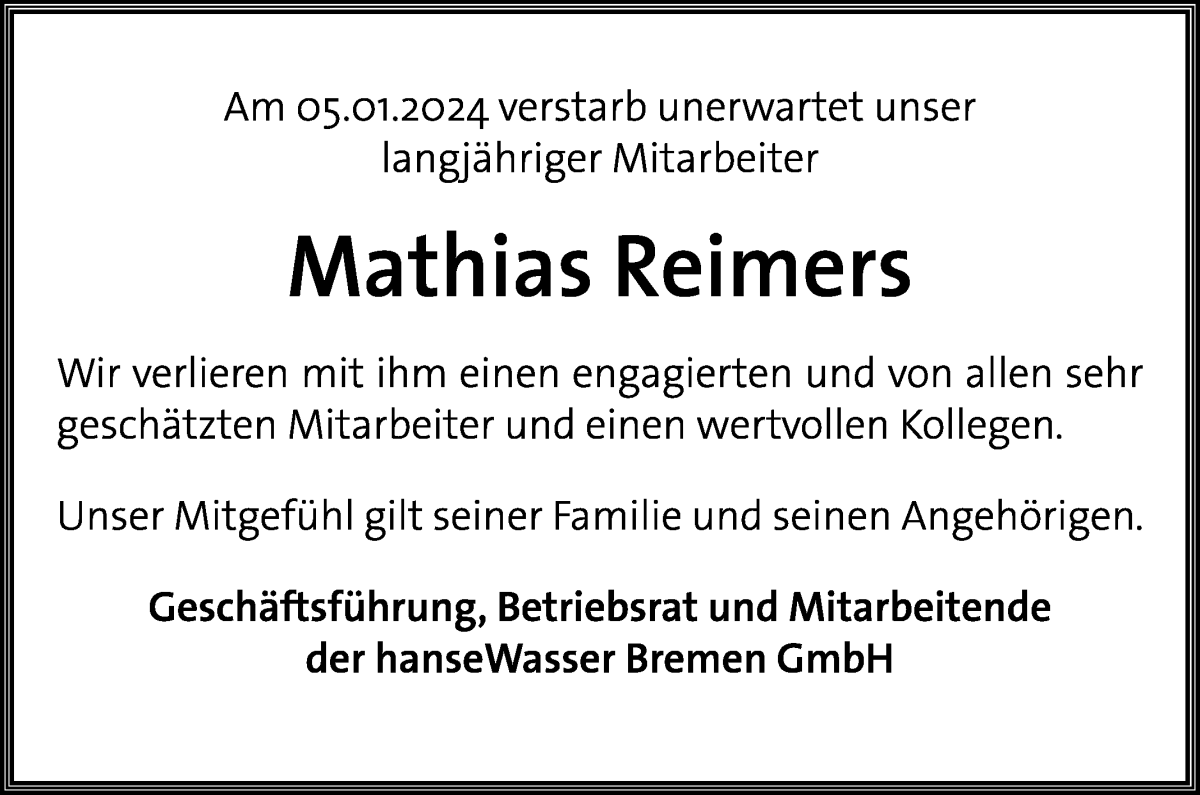 Traueranzeige von Mathias Reimers von WESER-KURIER