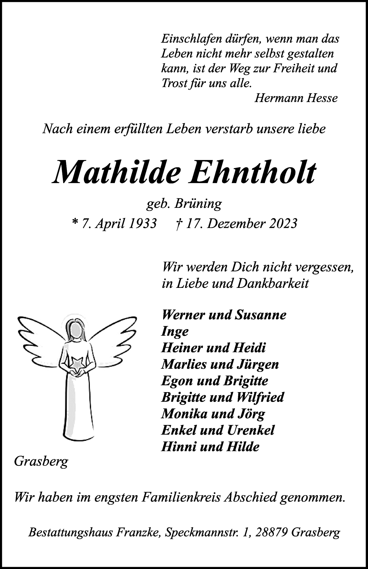 Traueranzeige von Mathilde Ehntholt von Wuemme Zeitung