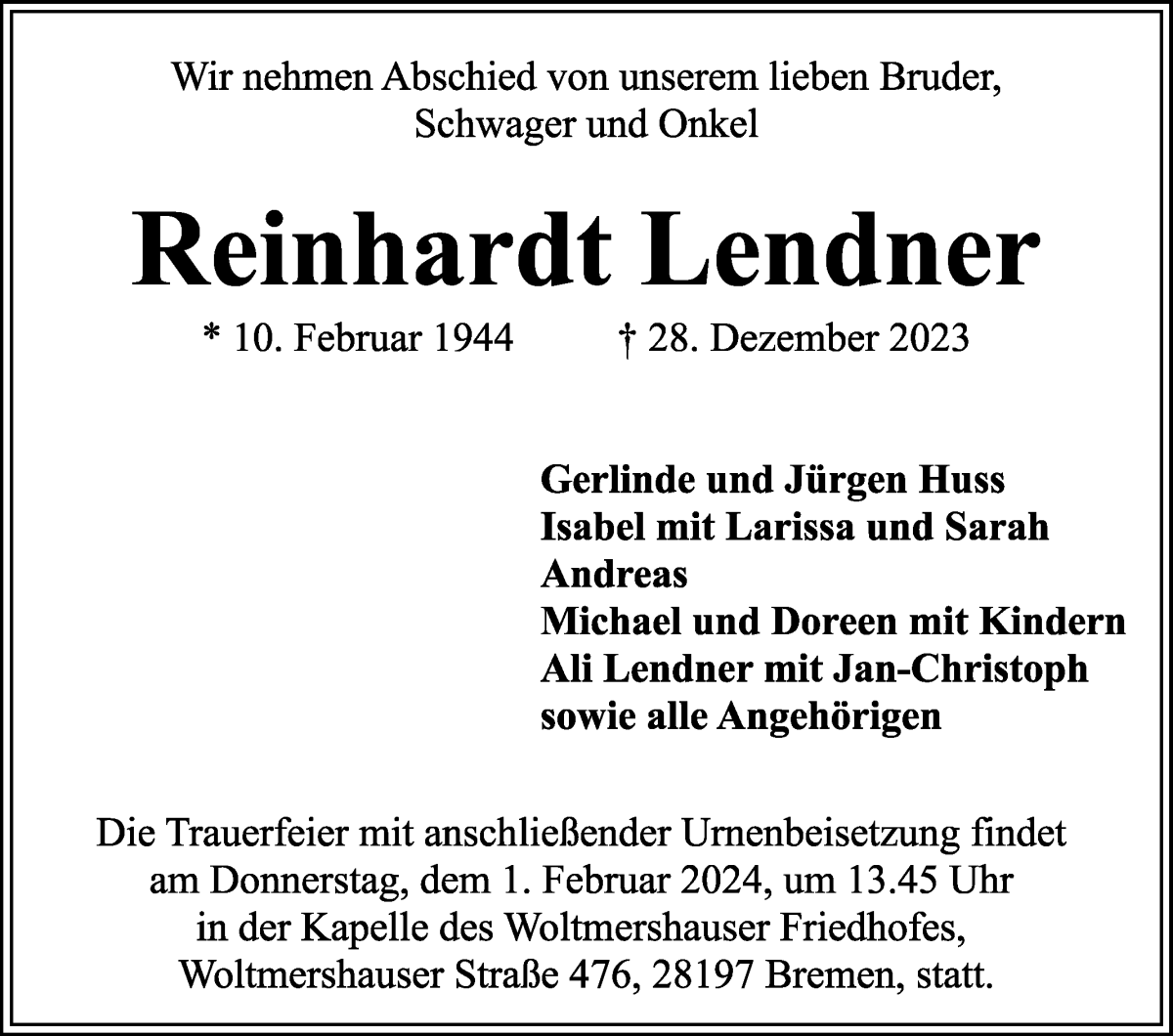 Traueranzeige von Reinhard Lendner von WESER-KURIER