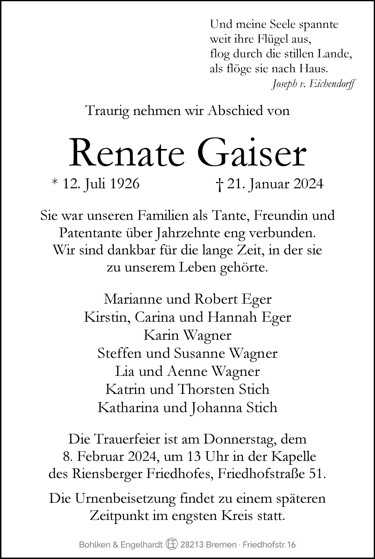 Traueranzeige von Renate Gaiser von WESER-KURIER