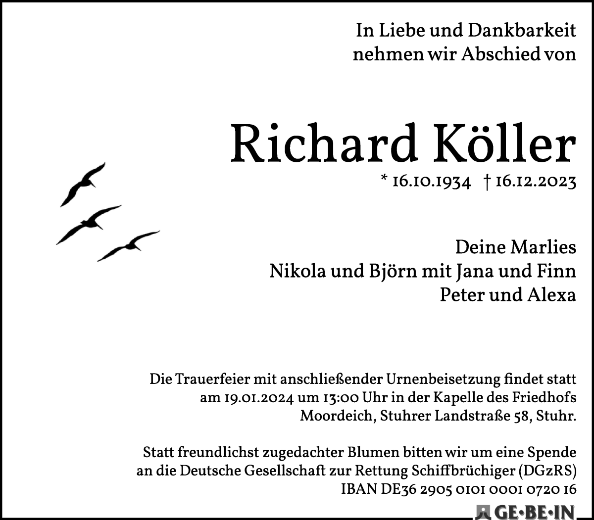 Traueranzeige von Richard Köller von WESER-KURIER