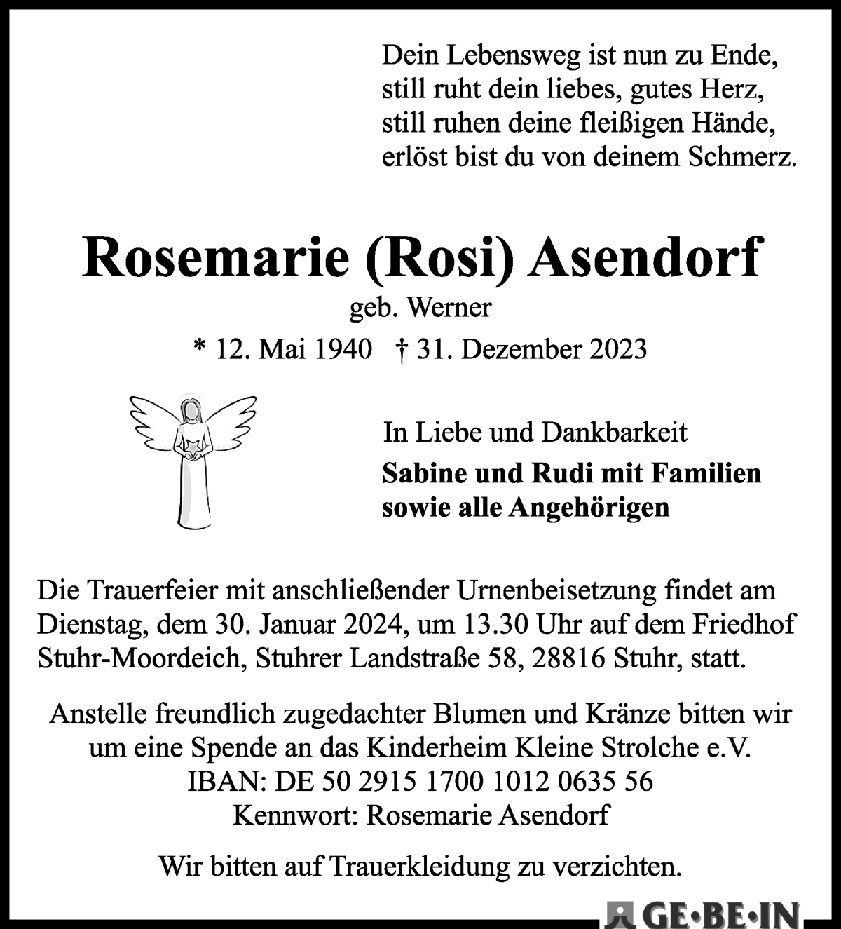Traueranzeige von Rosemarie Asendorf von WESER-KURIER