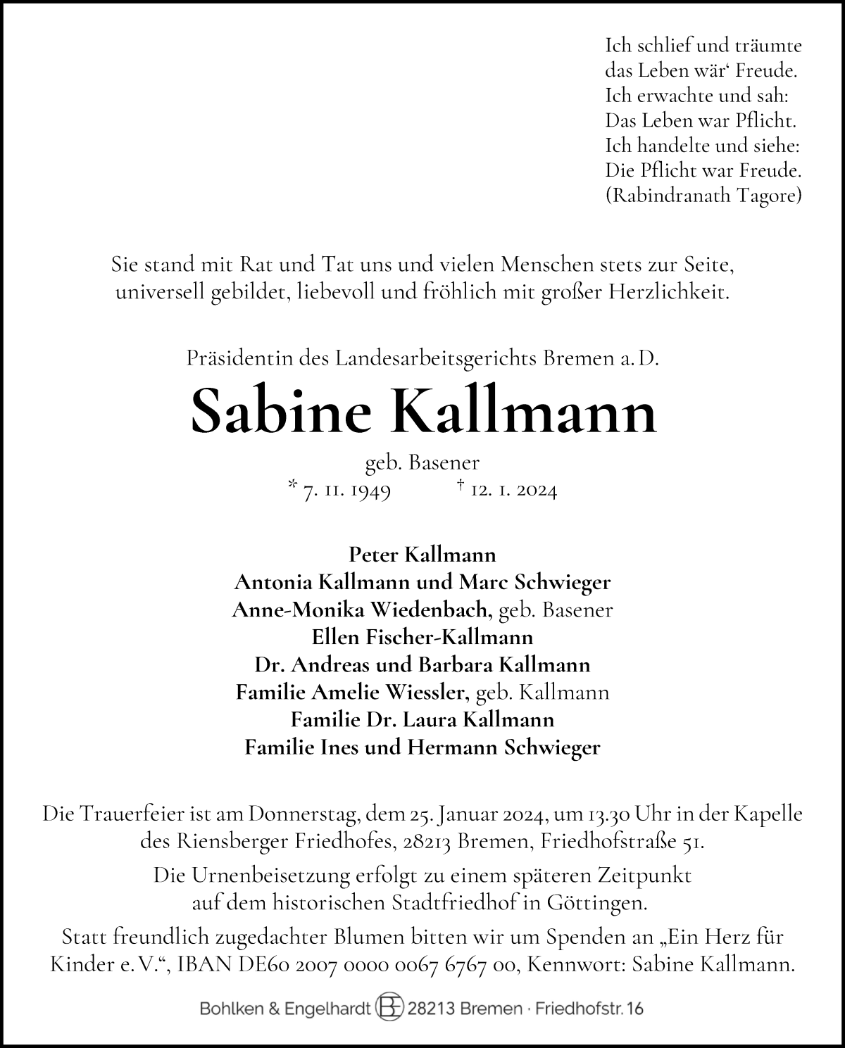 Traueranzeige von Sabine Kallmann von WESER-KURIER