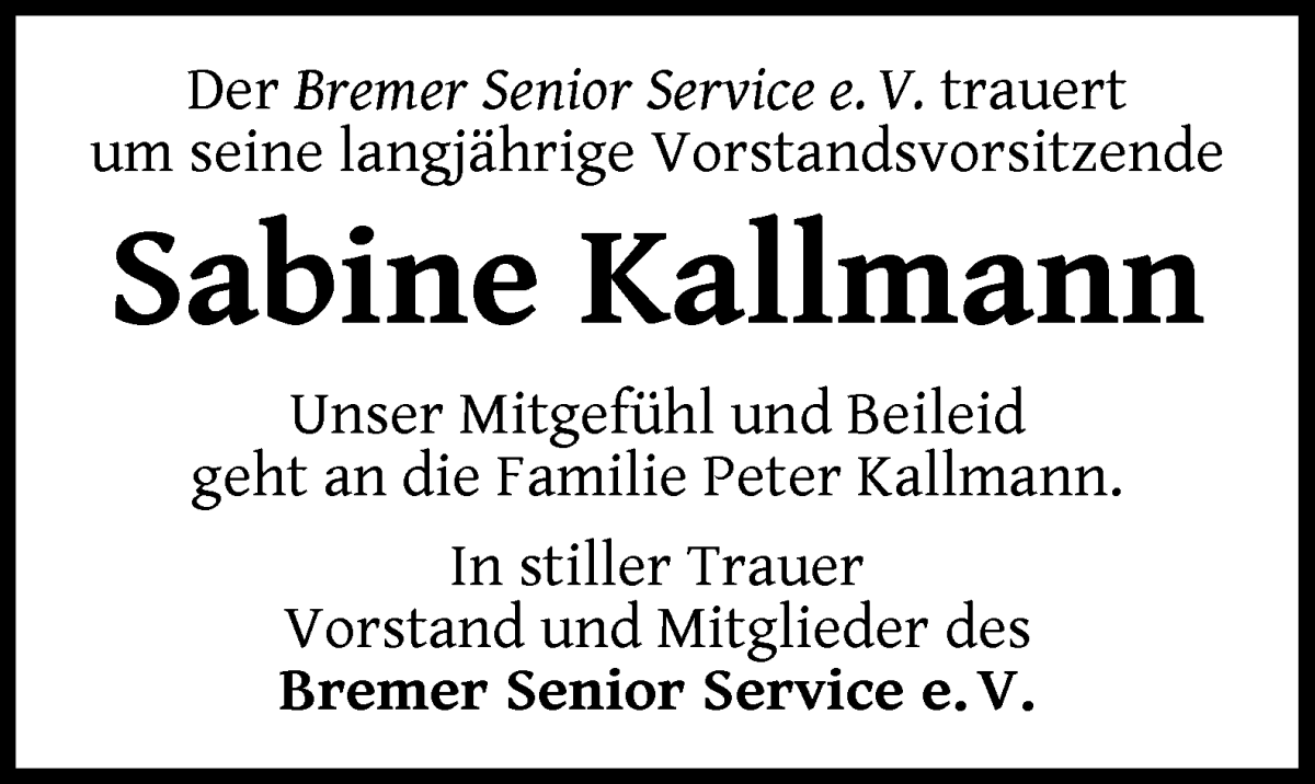 Traueranzeige von Sabine Kallmann von WESER-KURIER