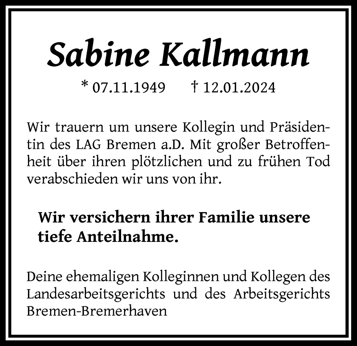 Traueranzeige von Sabine Kallmann von WESER-KURIER