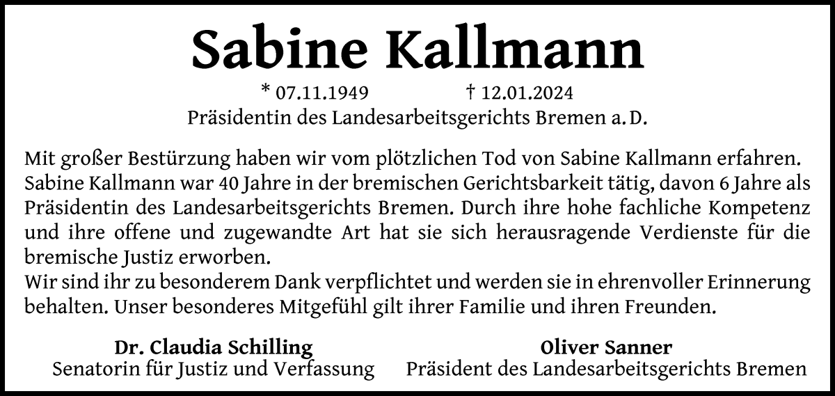 Traueranzeige von Sabine Kallmann von WESER-KURIER