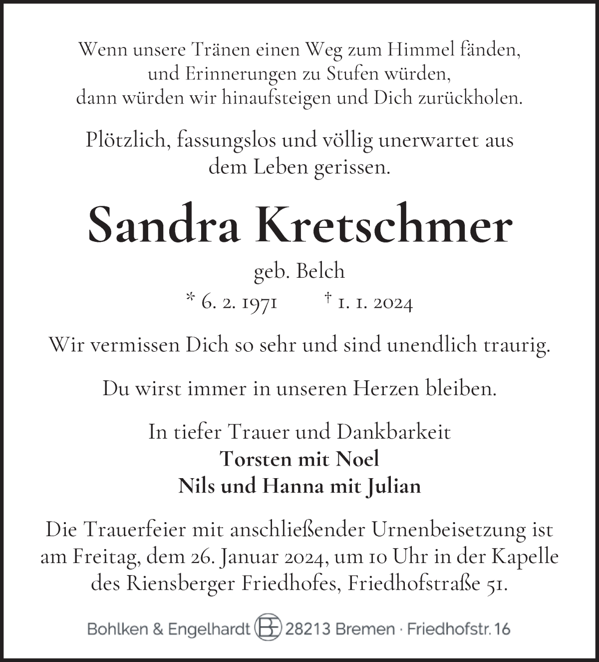 Traueranzeige von Sandra Kretschmer von WESER-KURIER