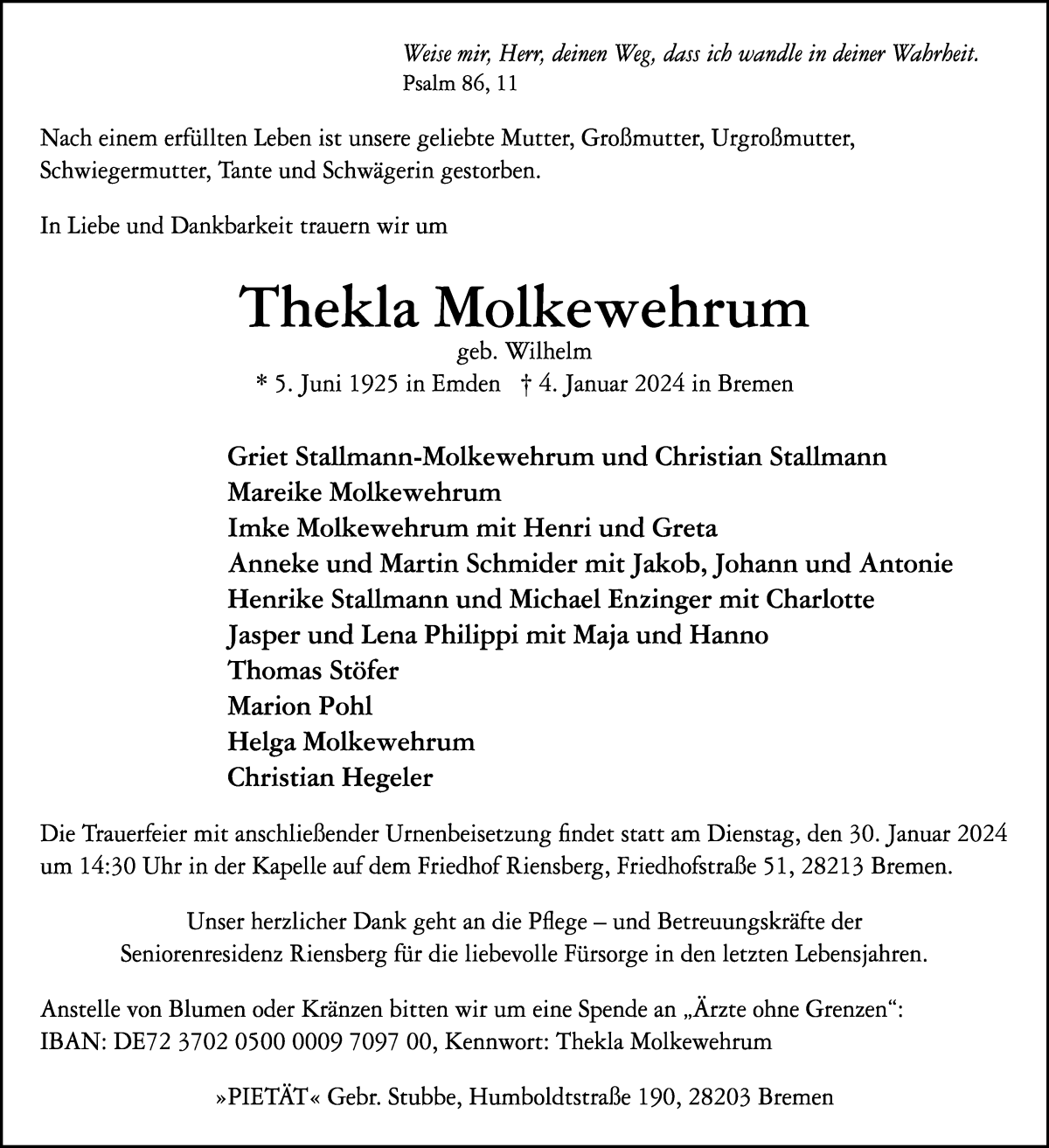 Traueranzeige von Thekla Molkewehrum von WESER-KURIER