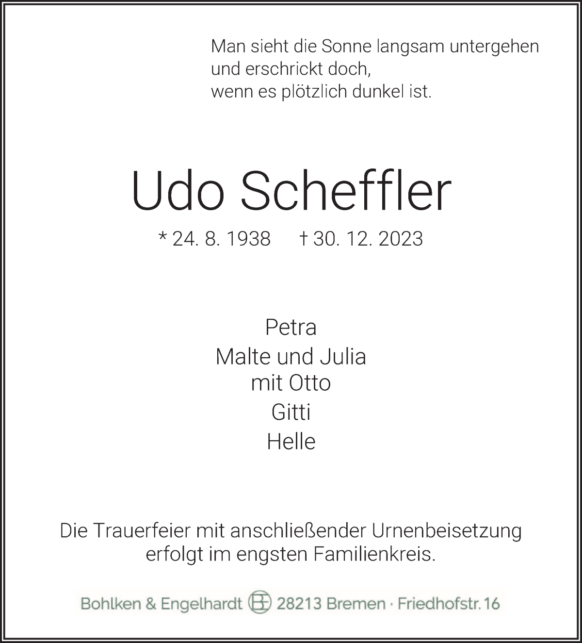 Traueranzeige von Udo Scheffler von WESER-KURIER