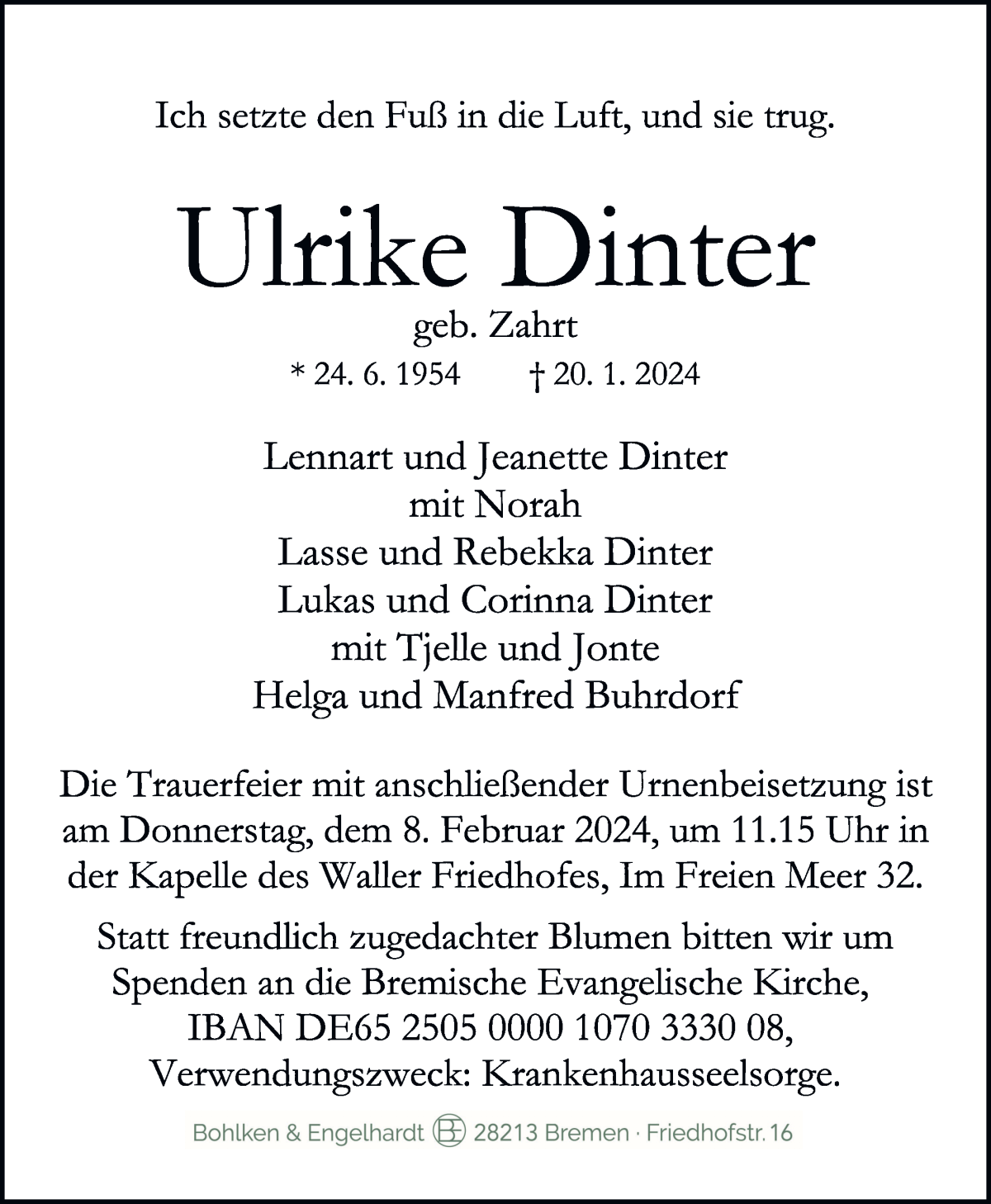 Traueranzeige von Ulrike Dinter von WESER-KURIER