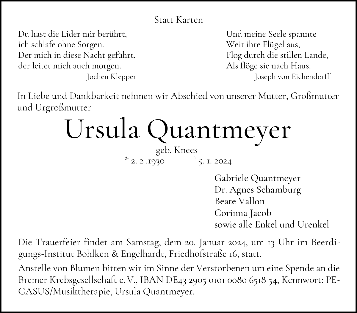 Traueranzeige von Ursula Quantmeyer von WESER-KURIER