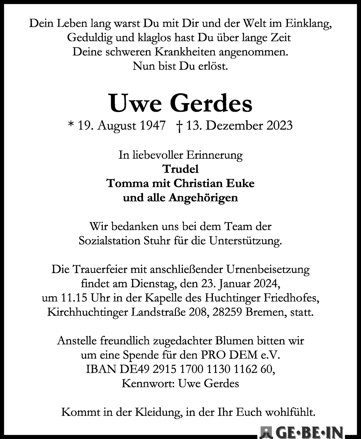 Traueranzeige von Uwe Gerdes von WESER-KURIER