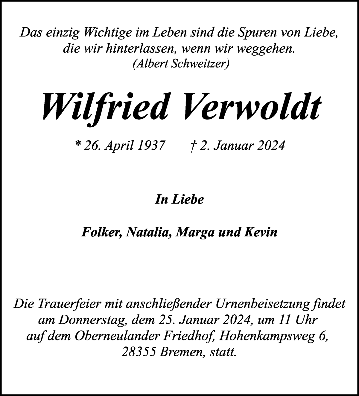 Traueranzeige von Wilfried Verwoldt von WESER-KURIER
