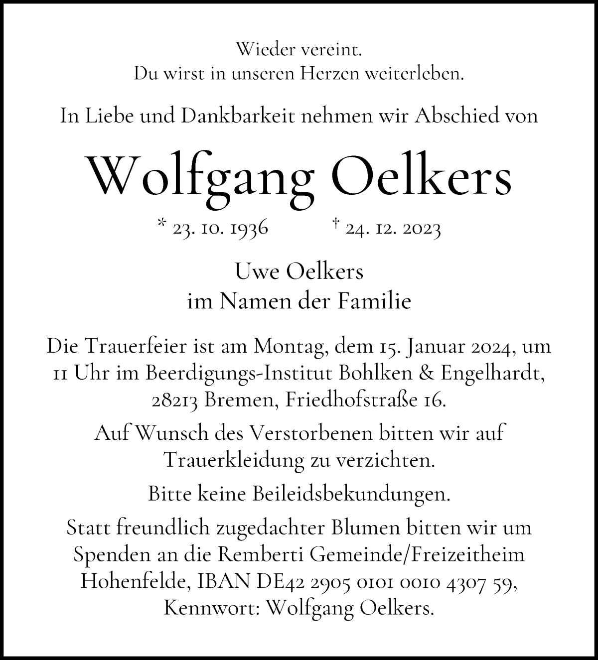 Traueranzeige von Wolfgang Oelkers von WESER-KURIER