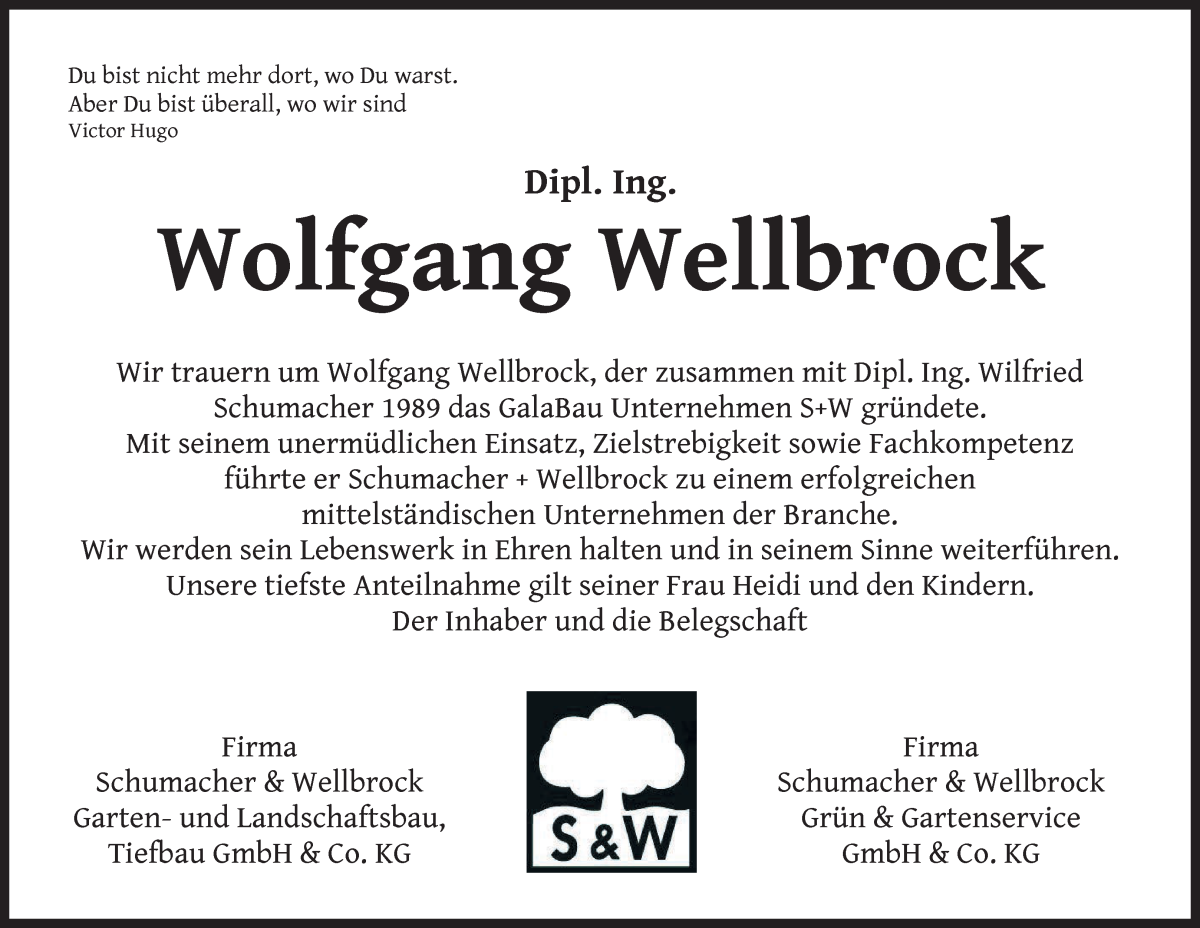 Traueranzeige von Wolfgang Wellbrock von WESER-KURIER