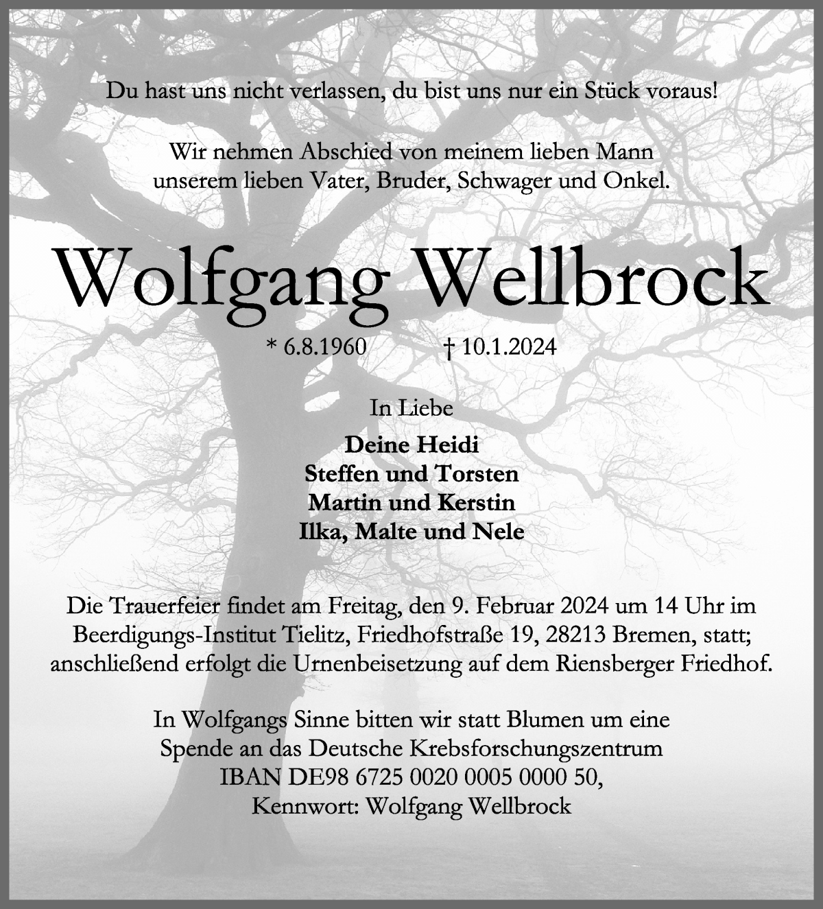 Traueranzeige von Wolfgang Wellbrock von WESER-KURIER