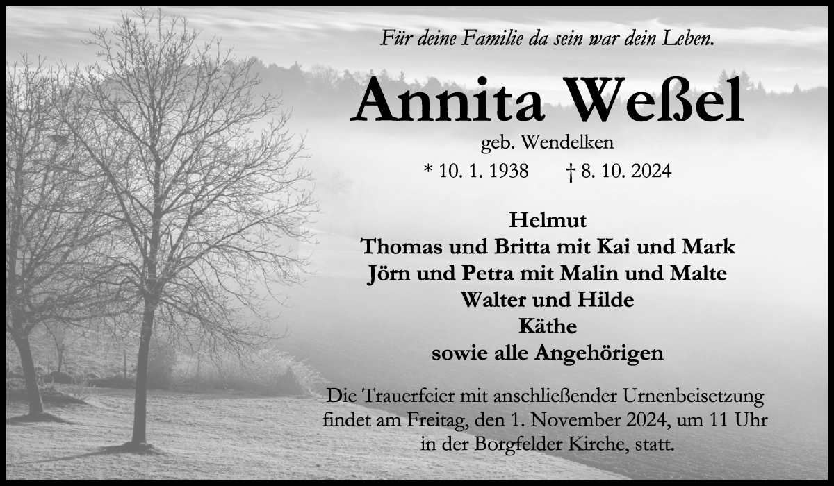 Traueranzeige von Annita Weßel von Wuemme Zeitung