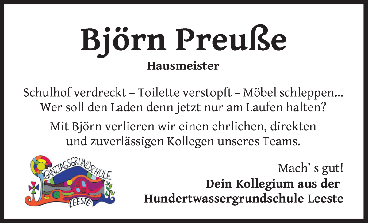 Traueranzeige von Björn Preuße von WESER-KURIER