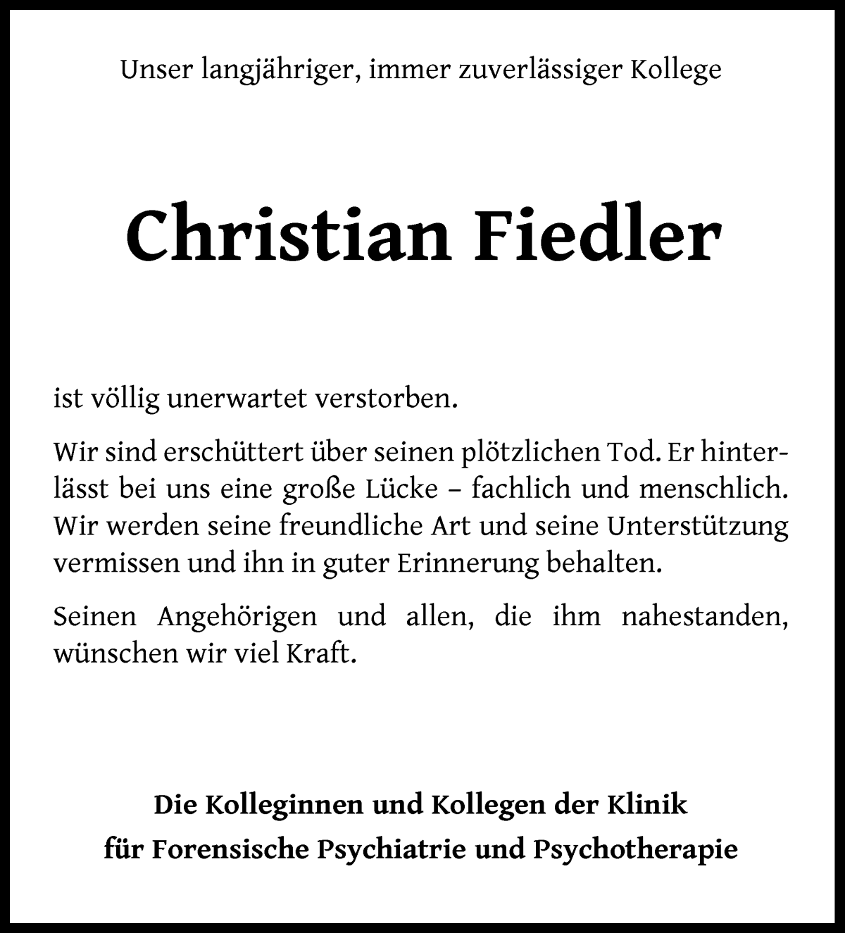 Traueranzeige von Christian Fiedler von WESER-KURIER