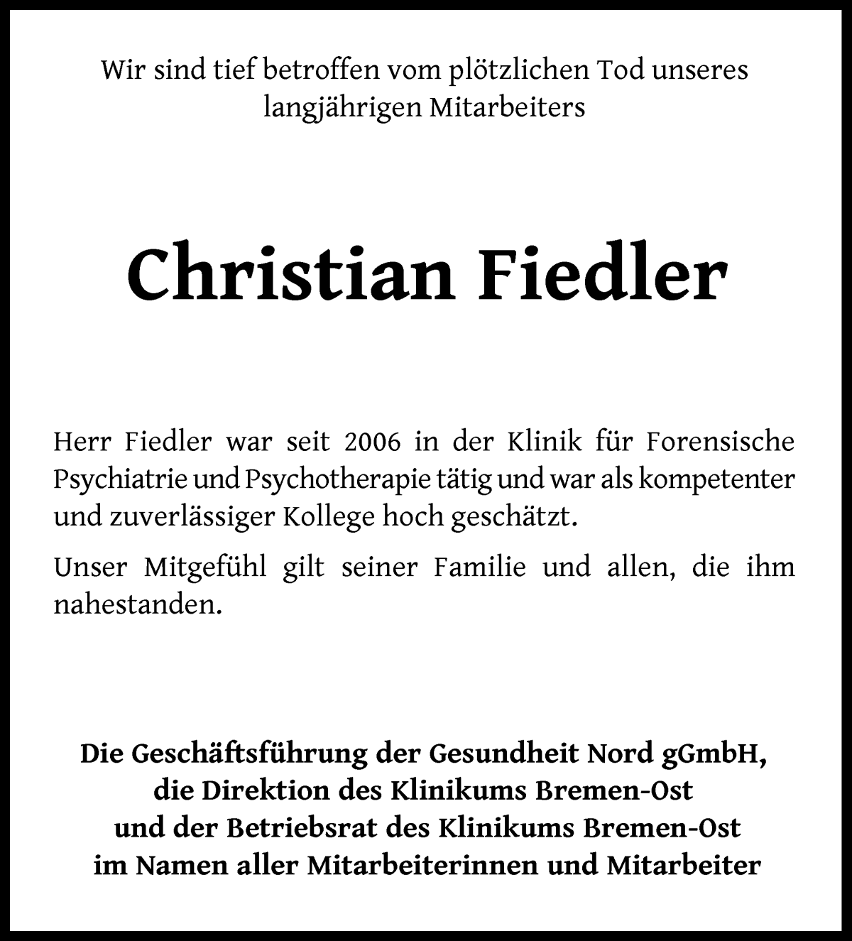 Traueranzeige von Christian Fiedler von WESER-KURIER