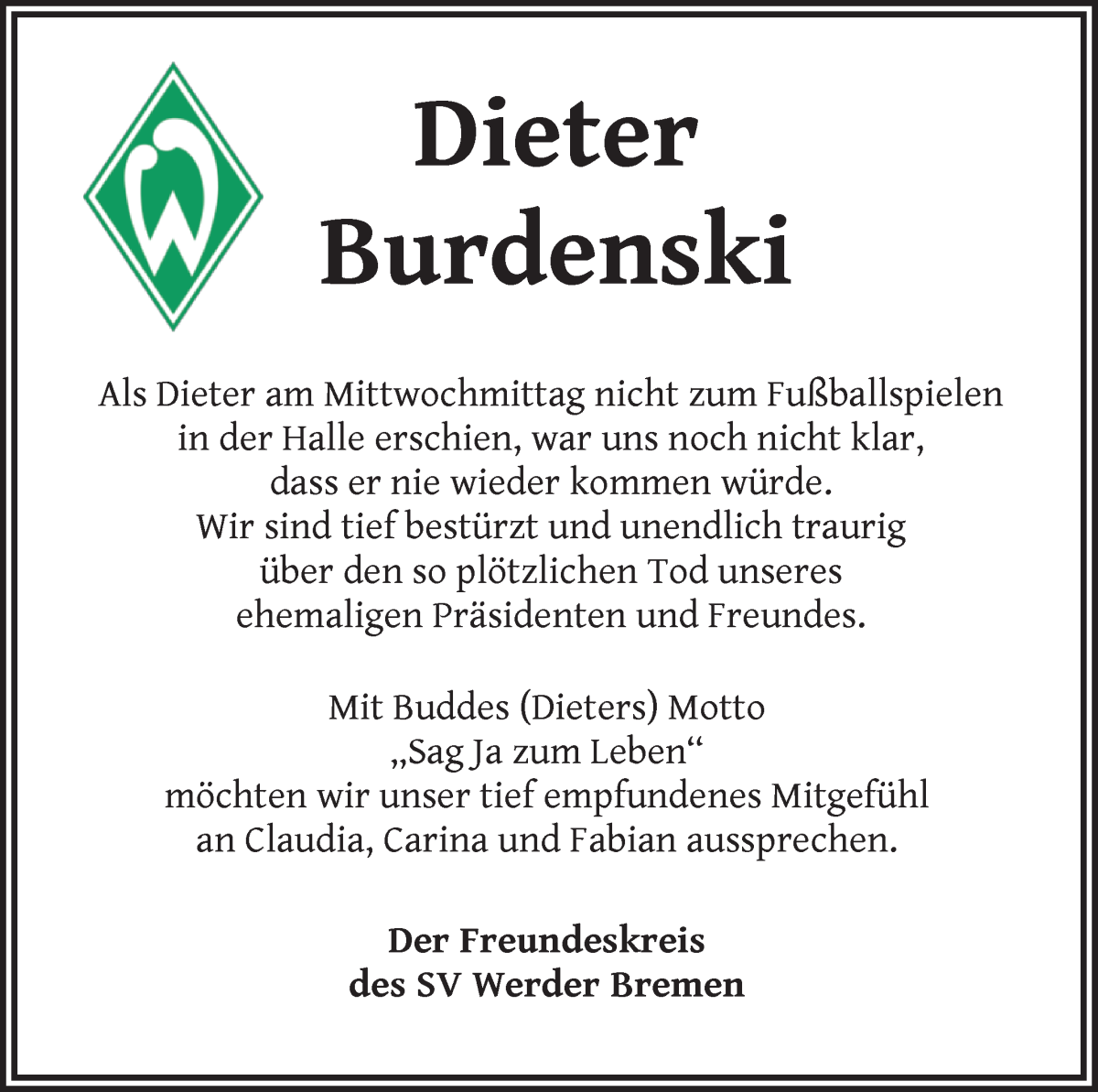 Traueranzeige von Dieter Burdenski von WESER-KURIER