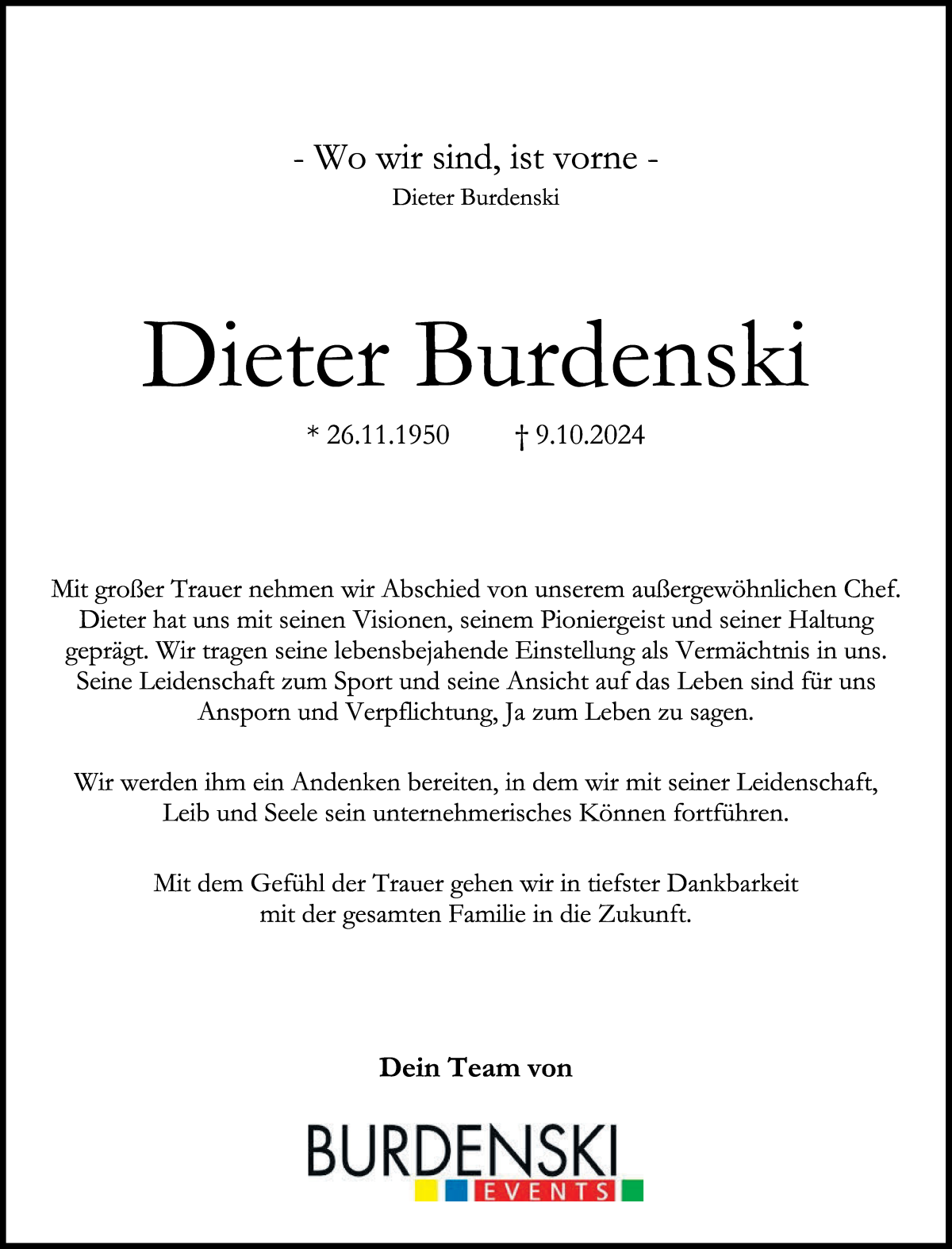 Traueranzeige von Dieter Burdenski von WESER-KURIER