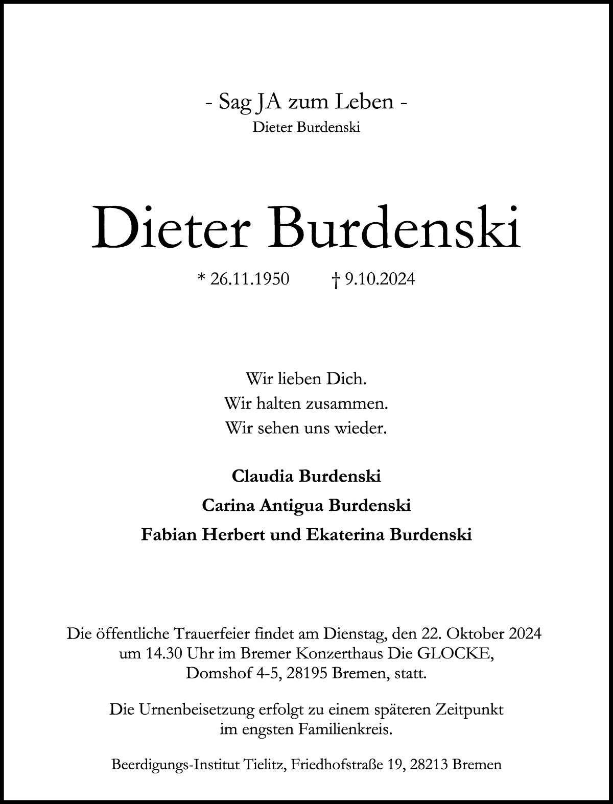 Traueranzeige von Dieter Burdenski von WESER-KURIER