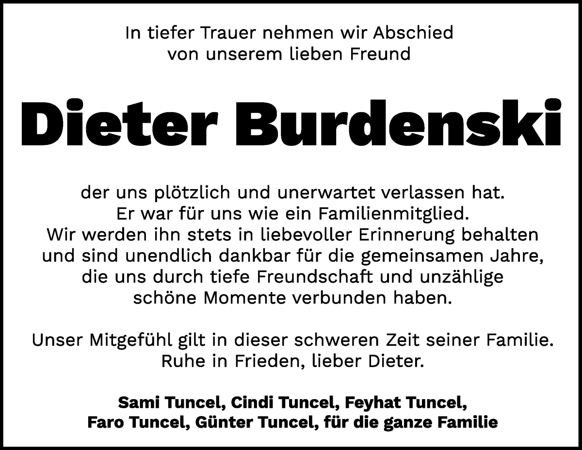 Traueranzeige von Dieter Burdenski von WESER-KURIER