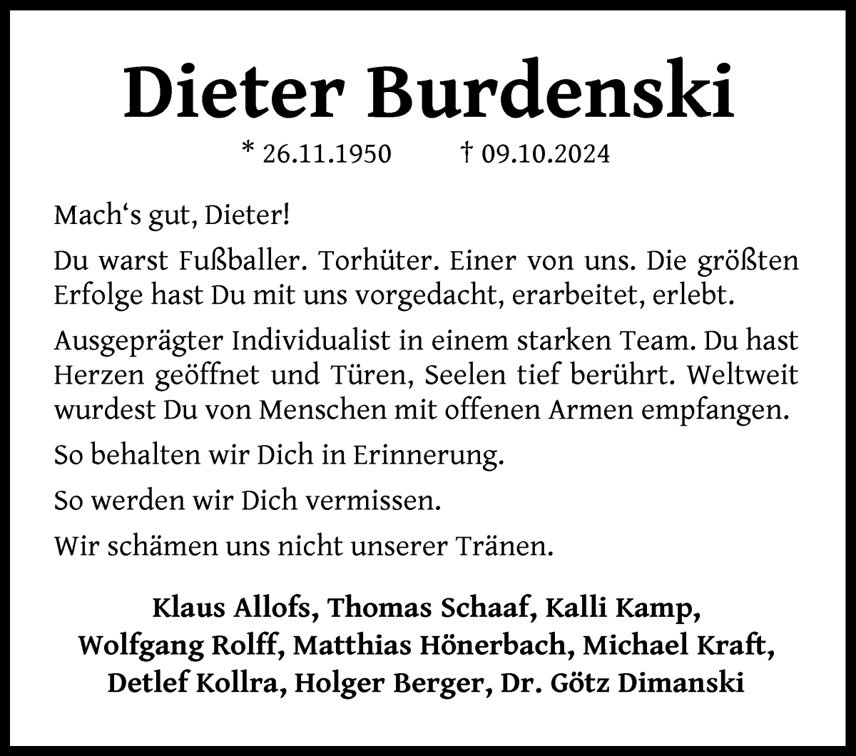 Traueranzeige von Dieter Burdenski von WESER-KURIER